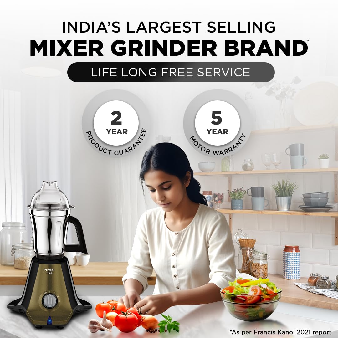 Preethi Titan Mixer Grinder with three jars placed on a kitchen countertop