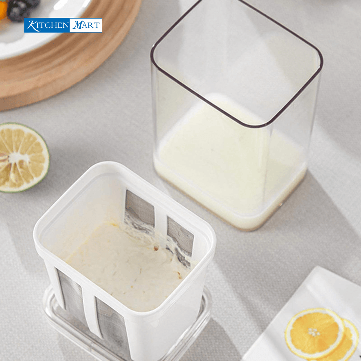 Greek yogurt making equipment featuring 1100ml strainer box with whey collection bowl