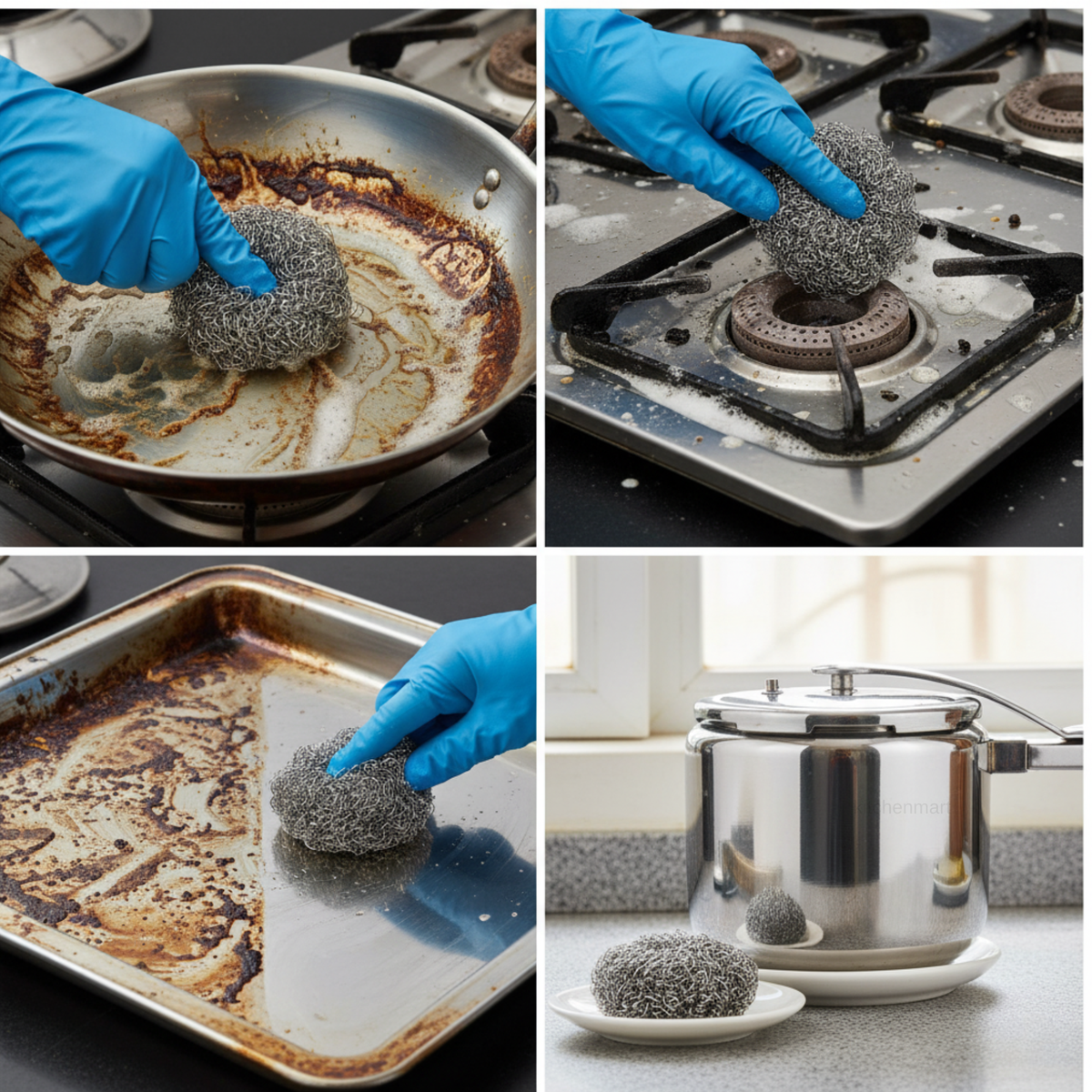 Collage of a person cleaning various kitchen items with a steel wool scrubber.