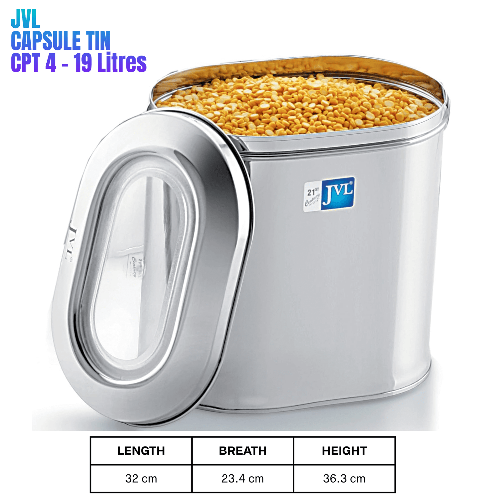 JVL stainless steel capsule tin food storage with see-through lid, 19-litre capacity, clear view of contents.