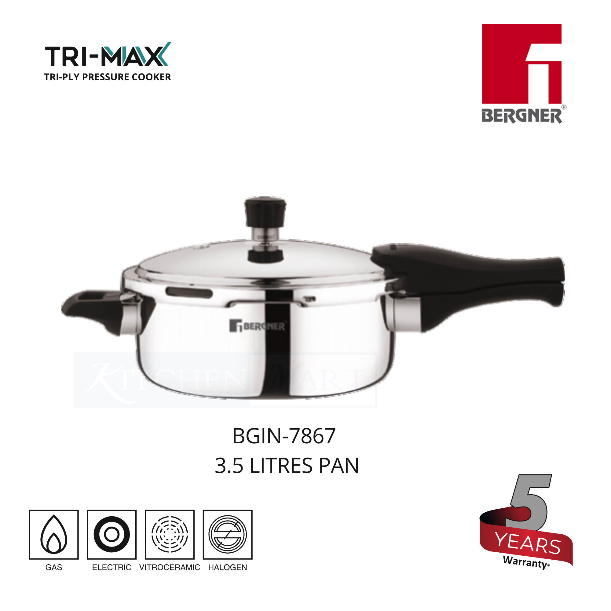 BERGNER Argent TriMax Tri-Ply Stainless Steel Cooker With Outer Lid
