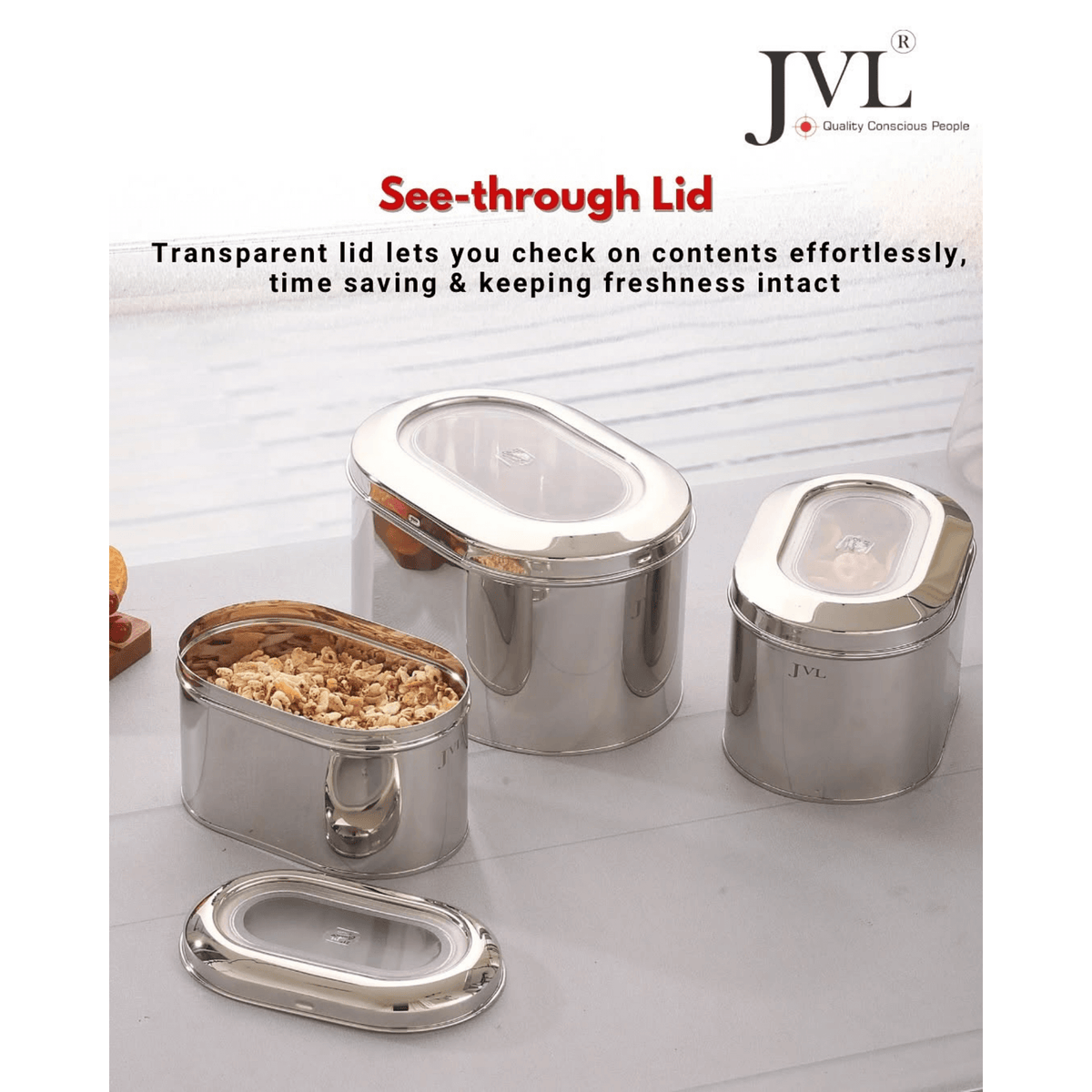 JVL stainless steel capsule tins with see-through lids for easy content identification and freshness preservation.