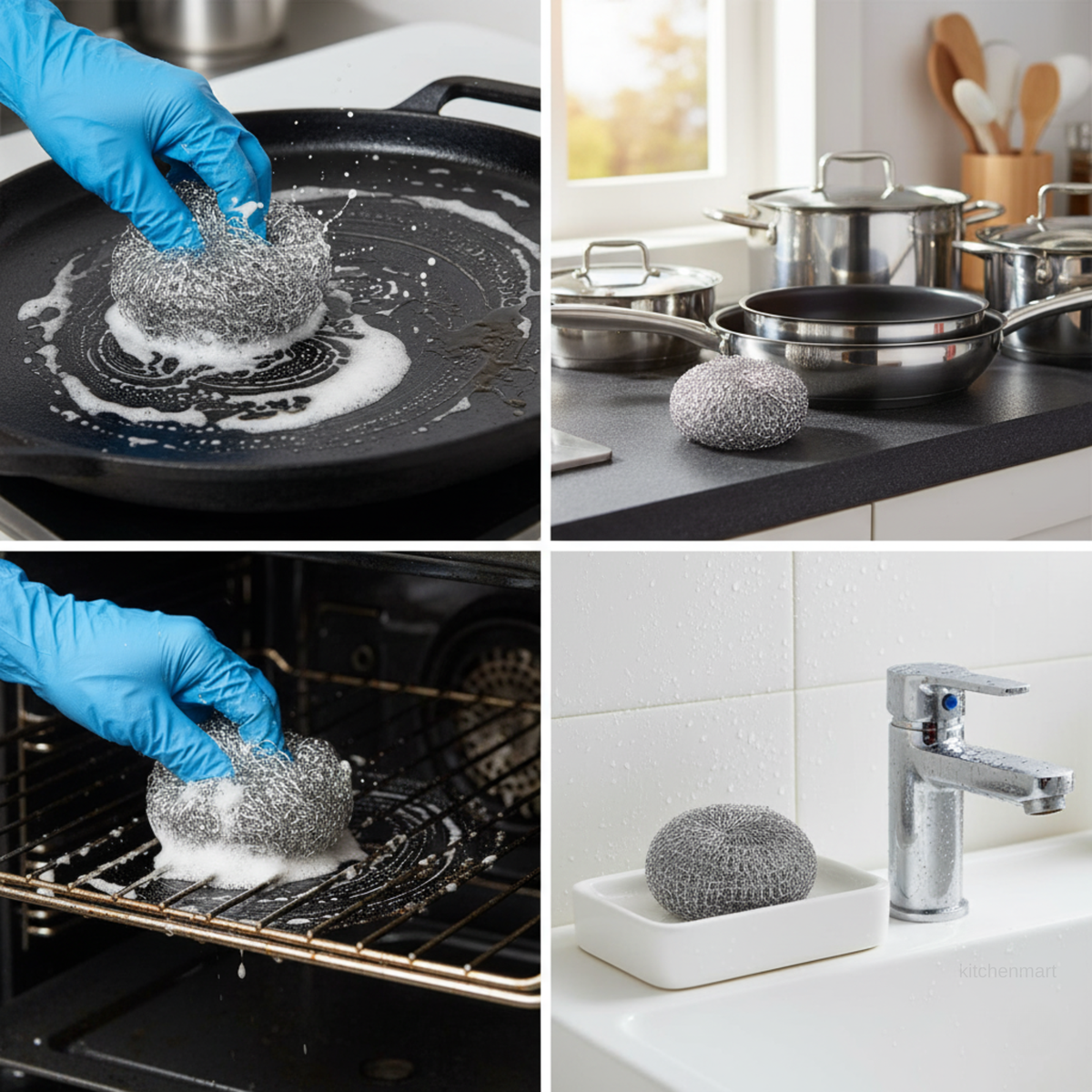 Collage of a person cleaning kitchen items with a scrubber and soap, including an oven and stove.