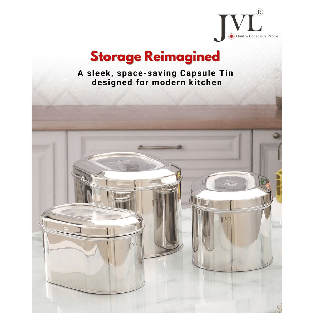 JVL stainless steel capsule tin food storage containers with see-through lids, ideal for modern kitchen organization.