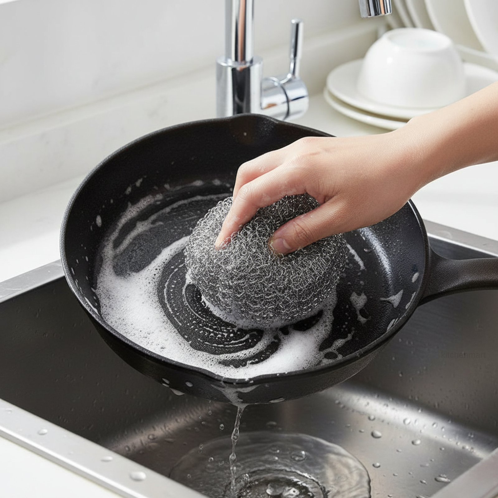 Person cleaning a black cast iron skillet with a sponge in a kitchen sink.