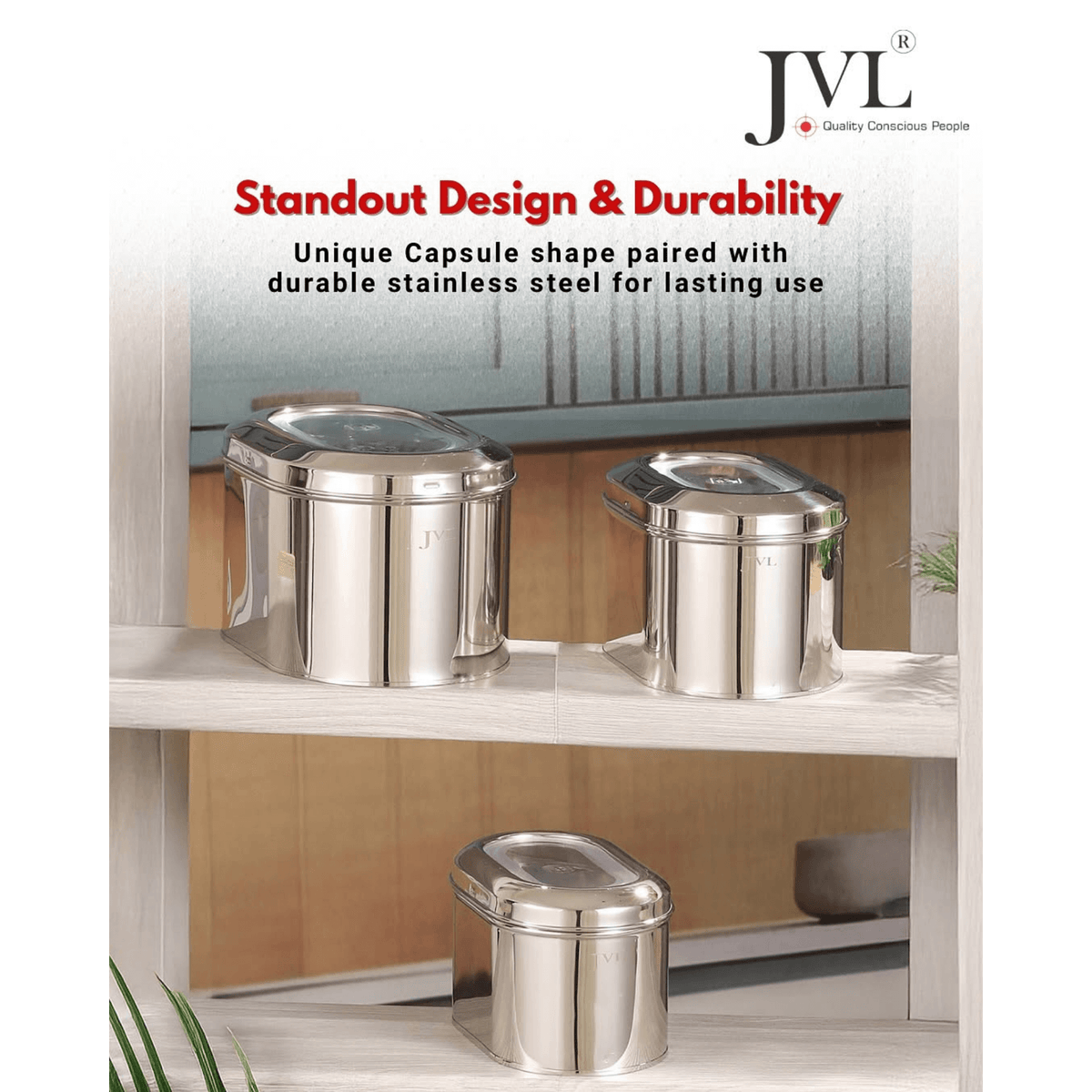 JVL stainless steel capsule tin food storage containers with clear lids showcasing durability and unique design on display.