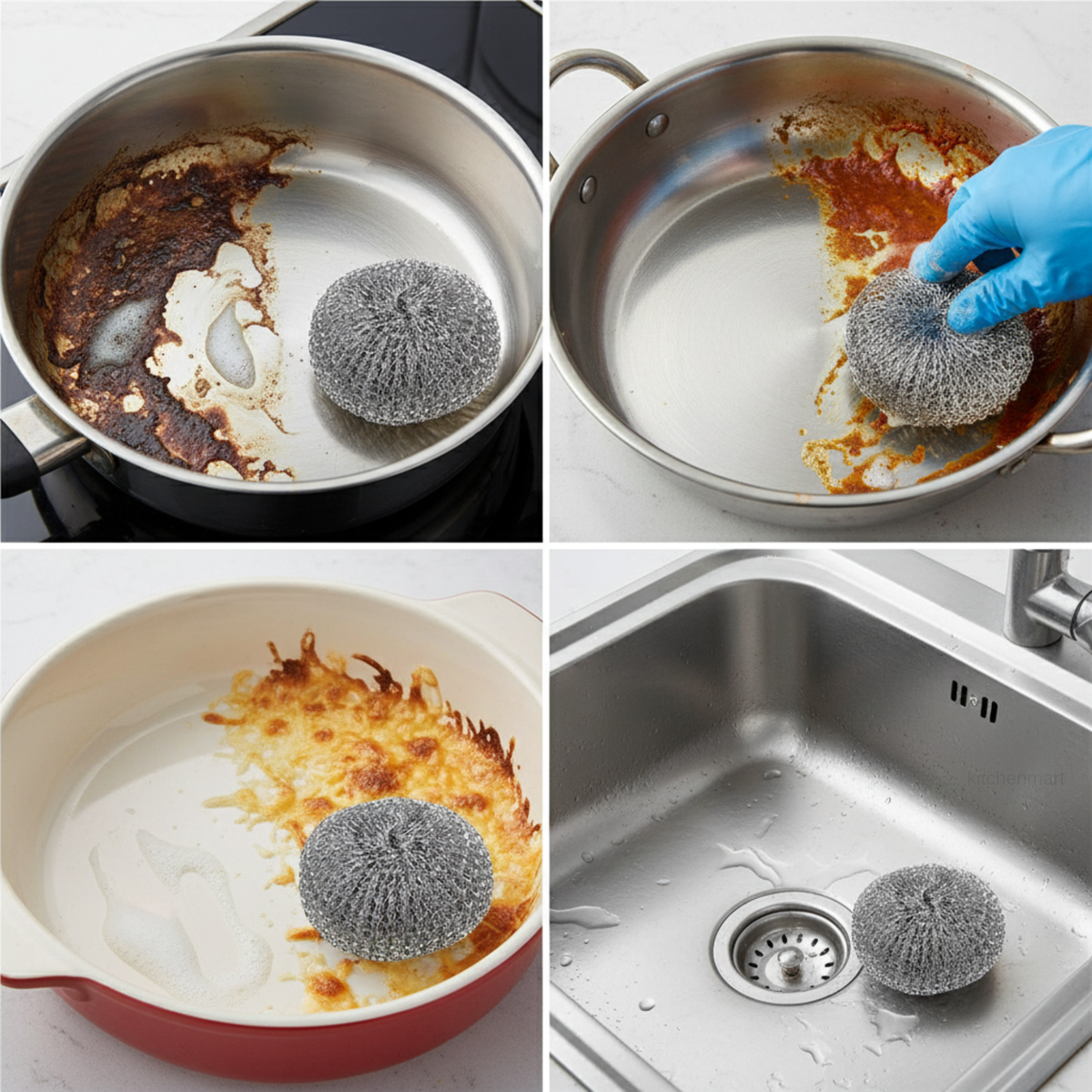 Cleaning process of a greasy pan with a scrubber, followed by a sink.