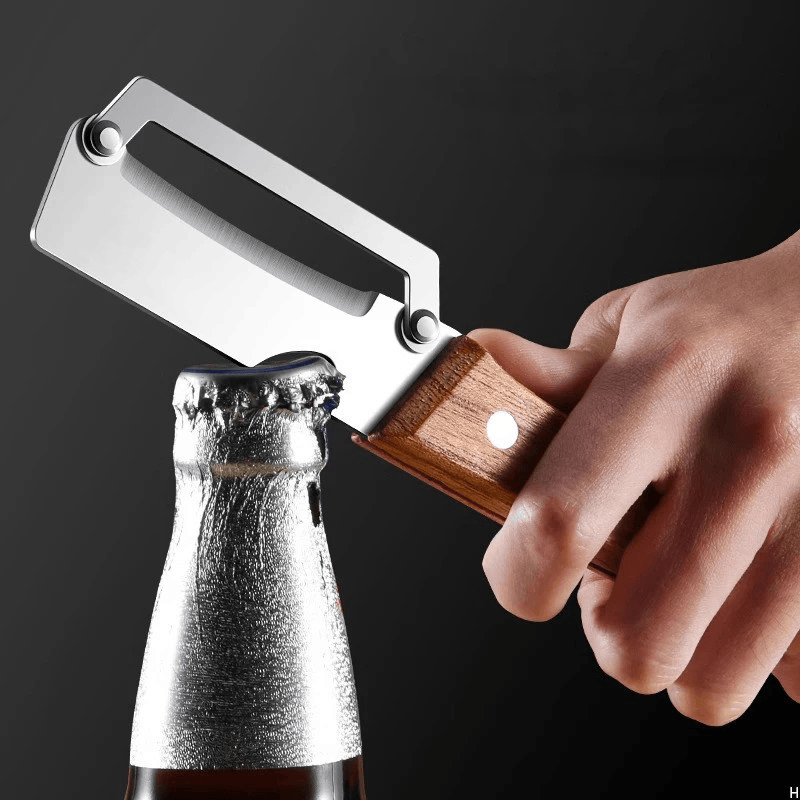Close up of 3Cr13MOV stainless steel peeler blade with riveted wooden handle