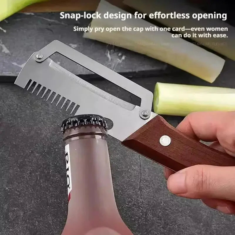 Rust resistant stainless steel blade head with slotted peeling edge