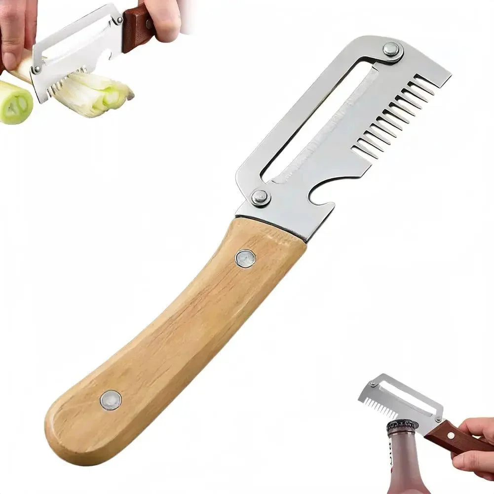 Shengya 3-in-1 stainless steel vegetable peeler with wooden handle held in hand