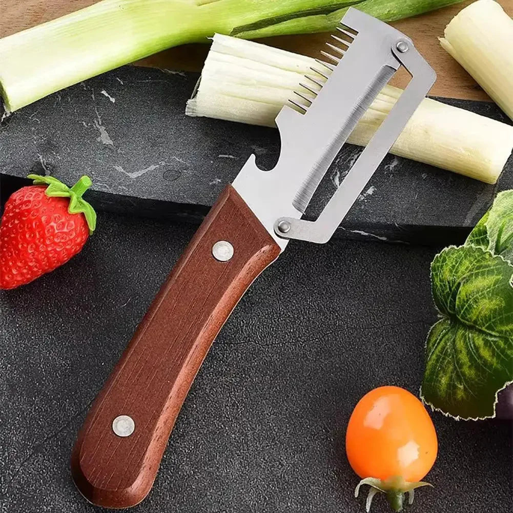 Multi-function vegetable peeler with riveted natural wood handle close up
