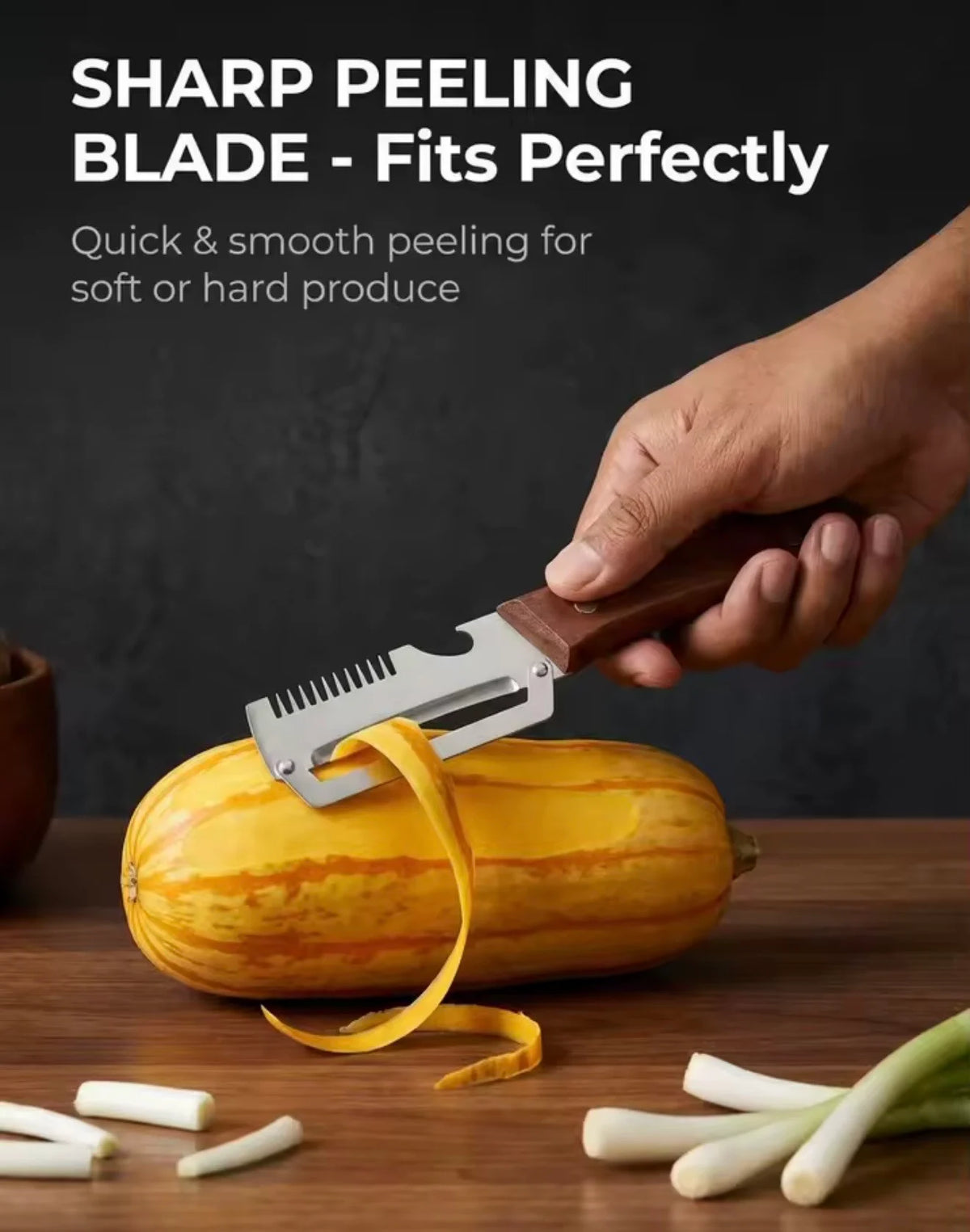 Stainless steel peeler removing thin peel strip from squash