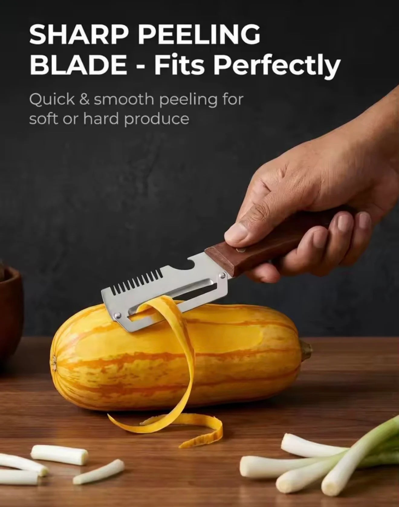 Stainless steel peeler removing thin peel strip from squash