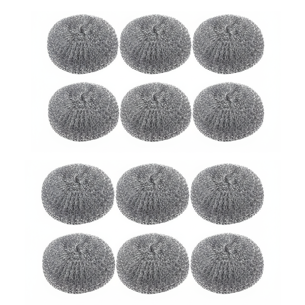 Set of 12 gray scrubber pads on a white background