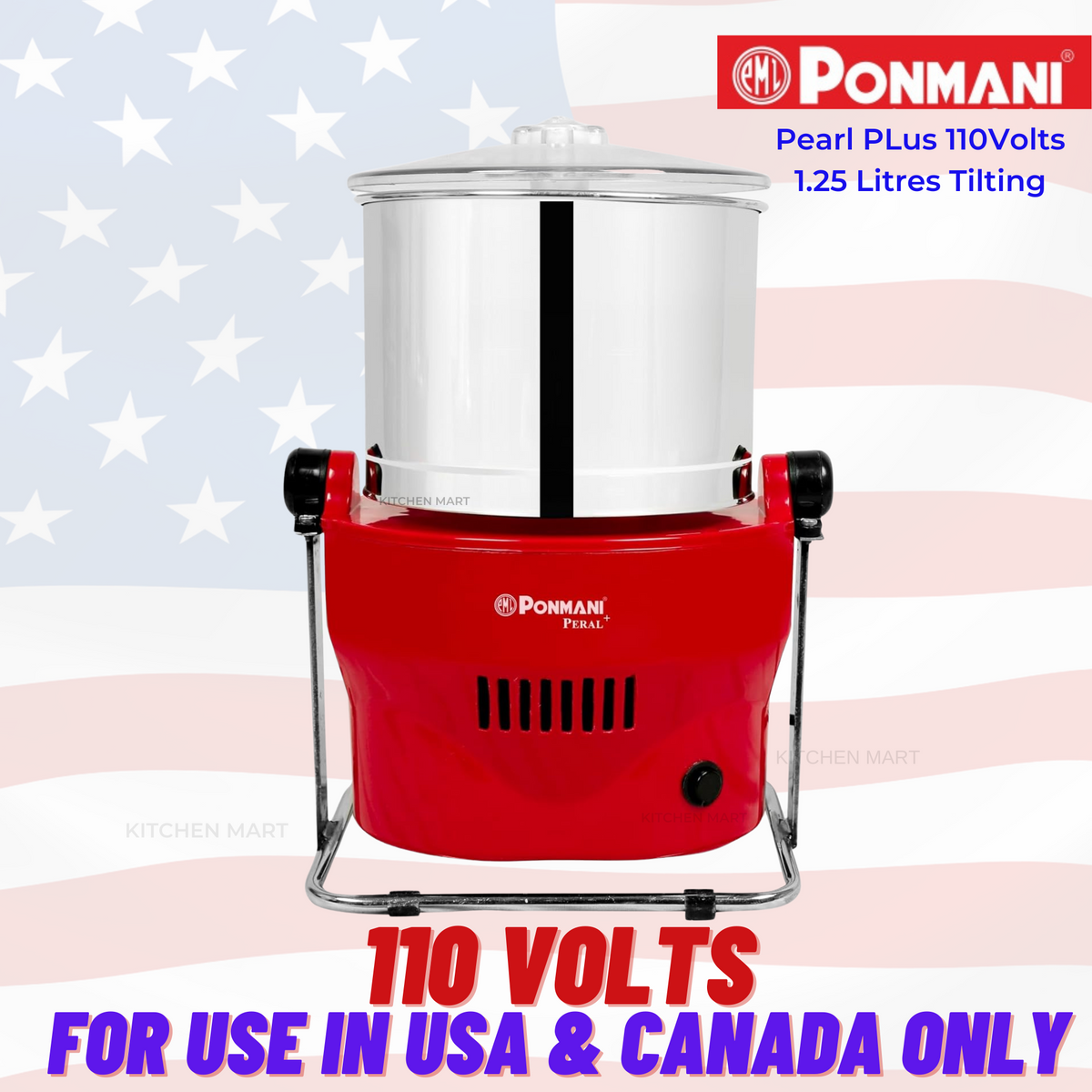 Ponmani Pearl Plus Mini Wet Grinder - 1.25L Capacity, Table Top Tilting Design, 150W Motor, 110Volts for use in USA &amp; Canada only