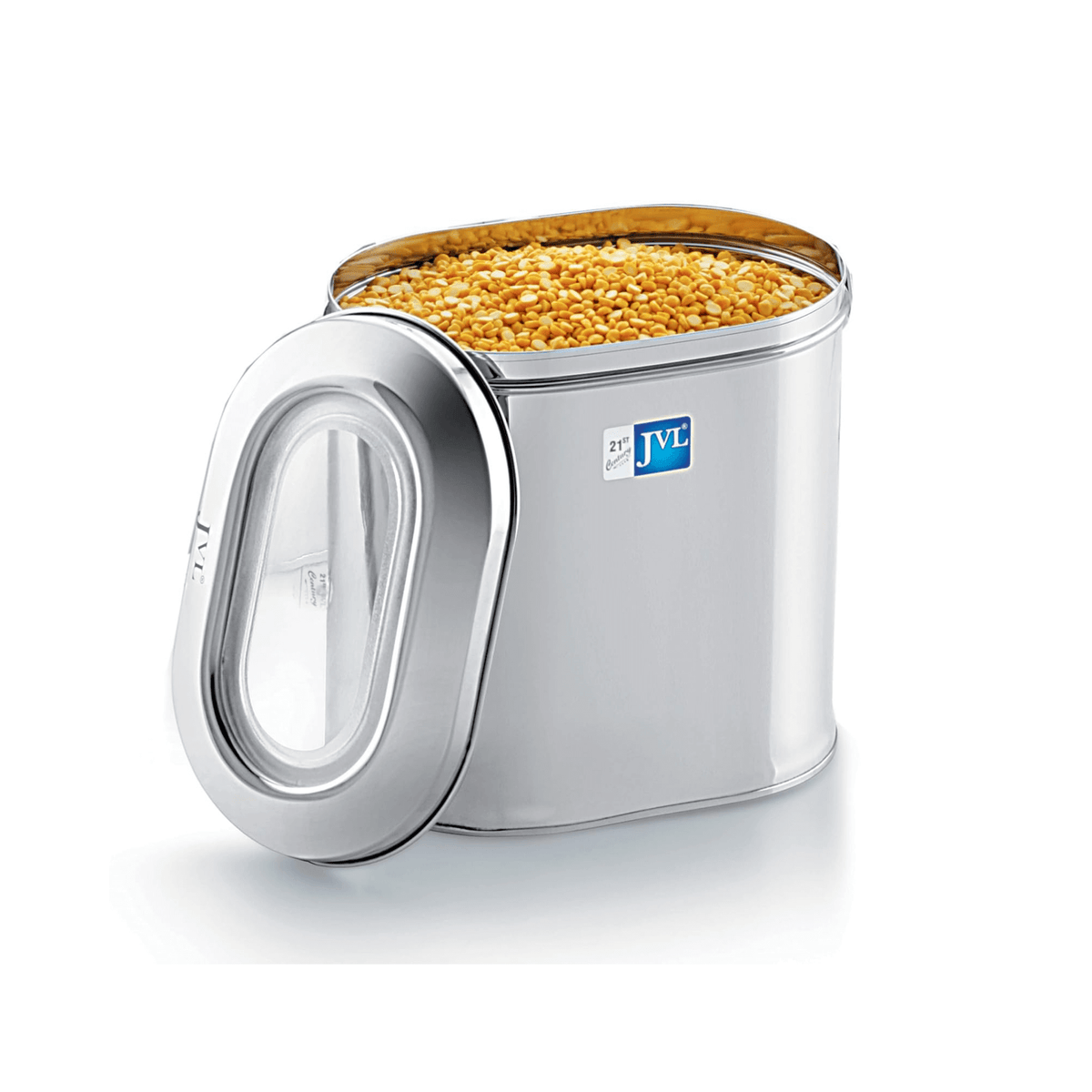 JVL stainless steel capsule tin food storage container with see-through lid and grains inside.