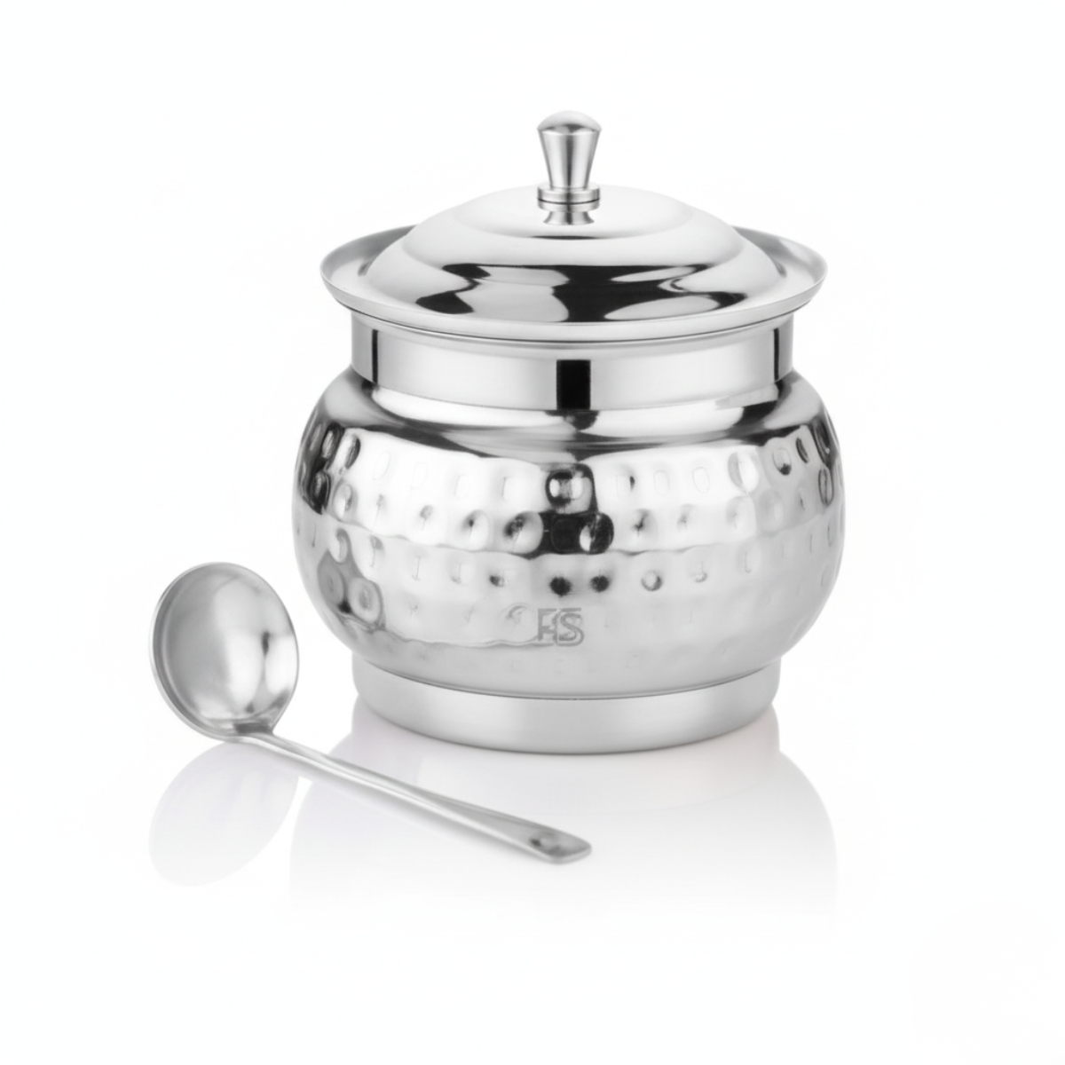 Kitchen Mart stainless steel ghee pot with lid and spoon XL hammered
