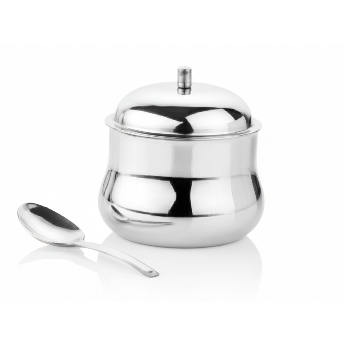 Kitchen Mart stainless steel ghee pot with domed lid and serving spoon on white background