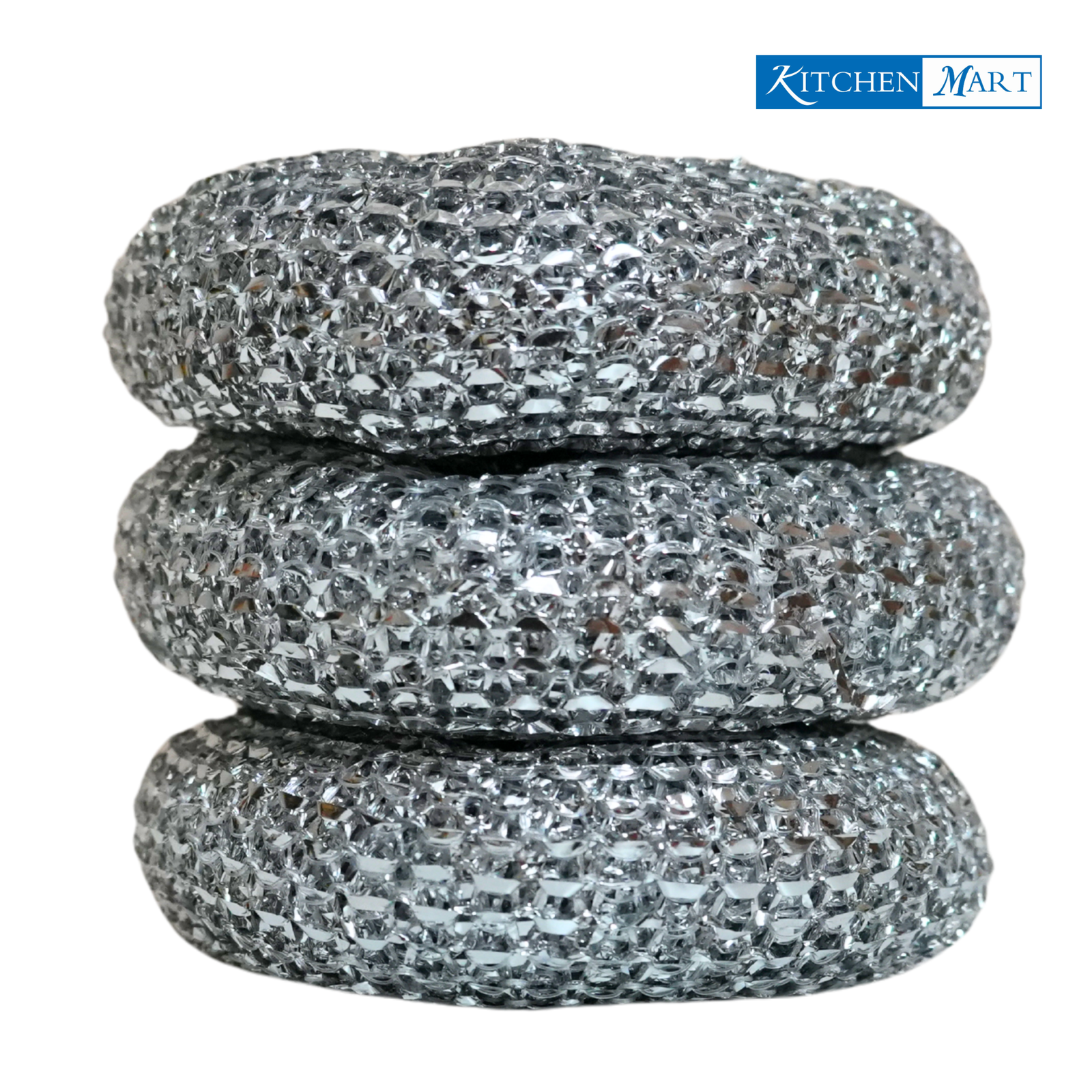 Three stacked metal sponges with a visible 'Kitchen Mart' logo.