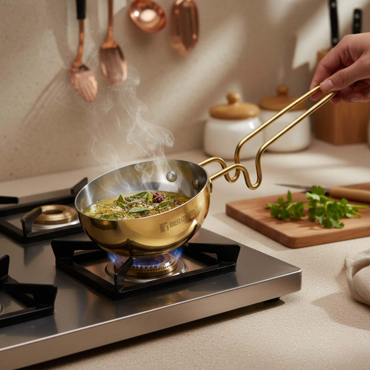 BERGNER Ayurvedic brass vaghar pan with food-safe tin lining for healthy cooking