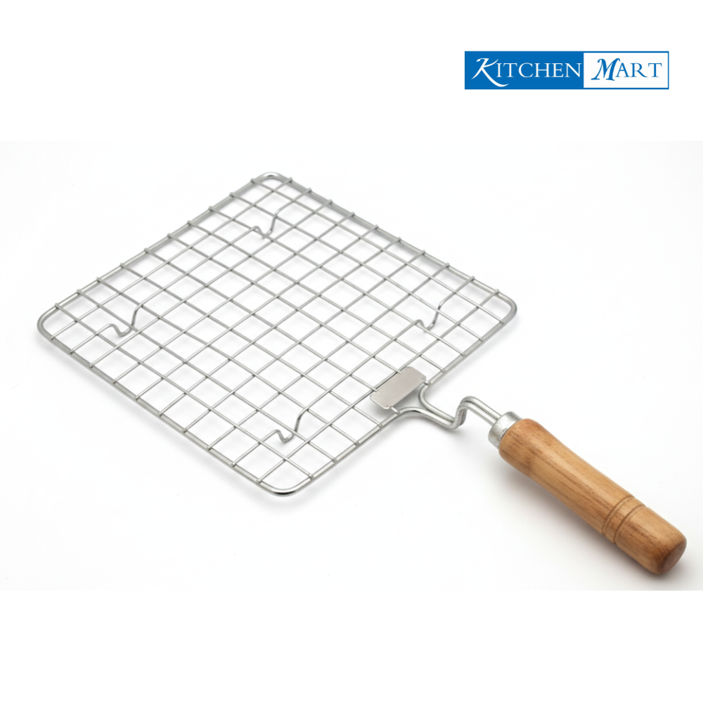 Kitchen Mart square stainless steel papad roaster with wooden handle on white background