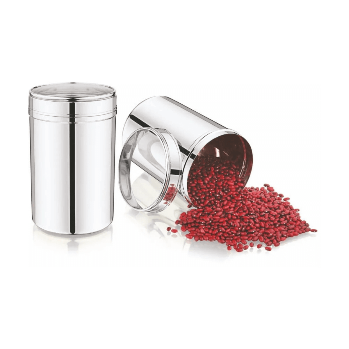 Mukti stainless steel kitchen storage jar with a see-through lid, showcasing red beans spilled beside it on a white background.