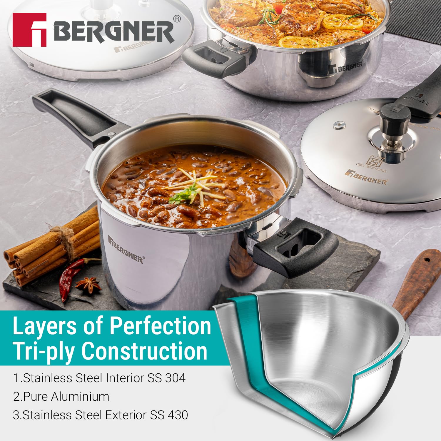 Bergner Argent Classic Triply Stainless Steel Pressure Cooker - Premium Quality