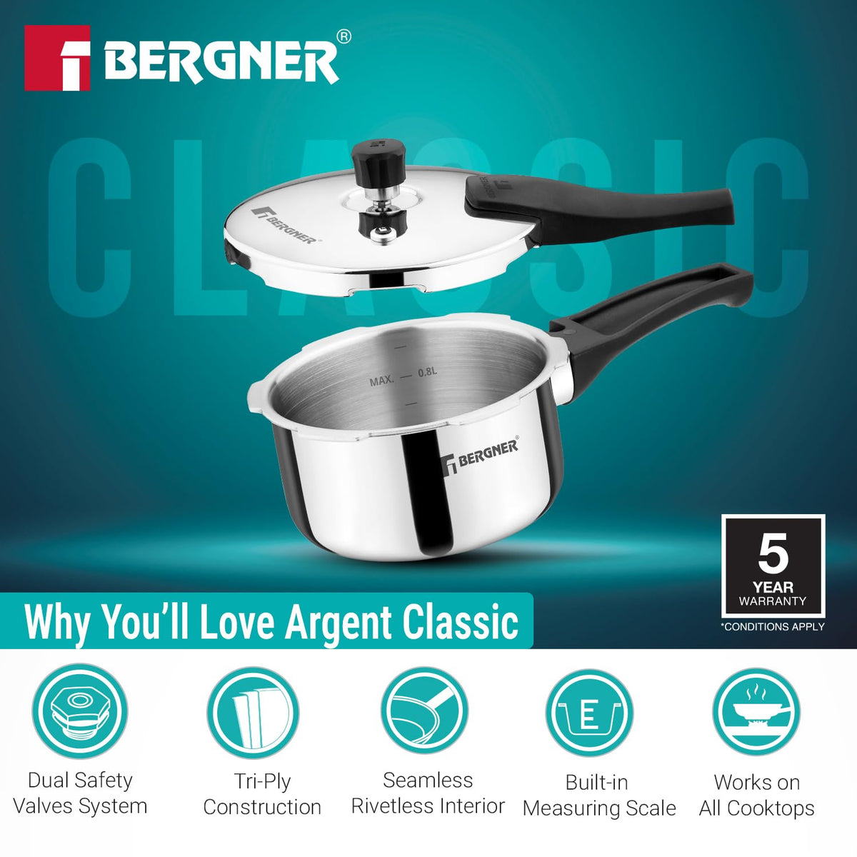 Bergner Argent Classic Triply Stainless Steel Pressure Cooker - Premium Quality