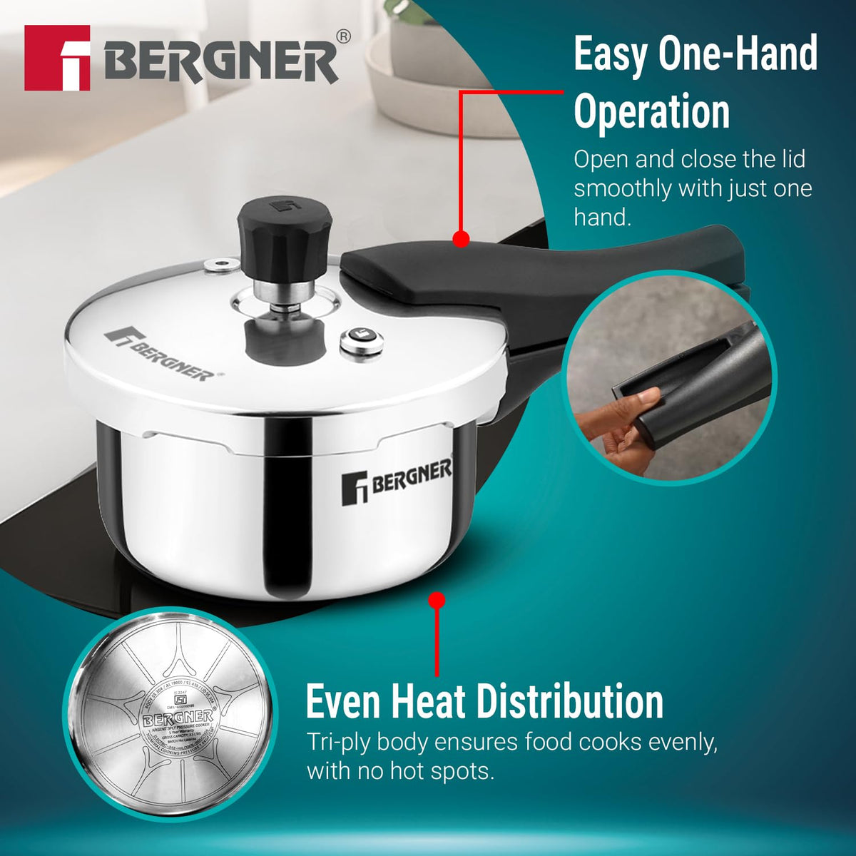 Bergner Argent Classic Triply Stainless Steel Pressure Cooker - Premium Quality