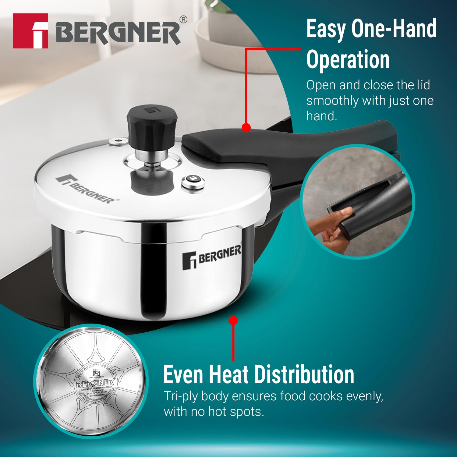 Bergner Argent Classic Triply Stainless Steel Pressure Cooker - Premium Quality