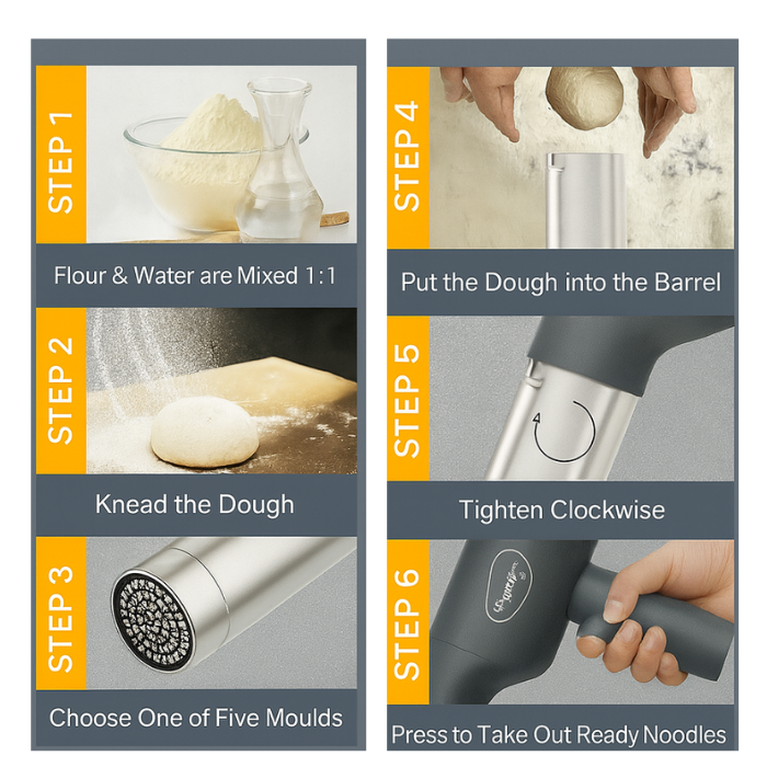 Stainless steel noodle maker with 5 specialized moulds for different pasta and noodle types