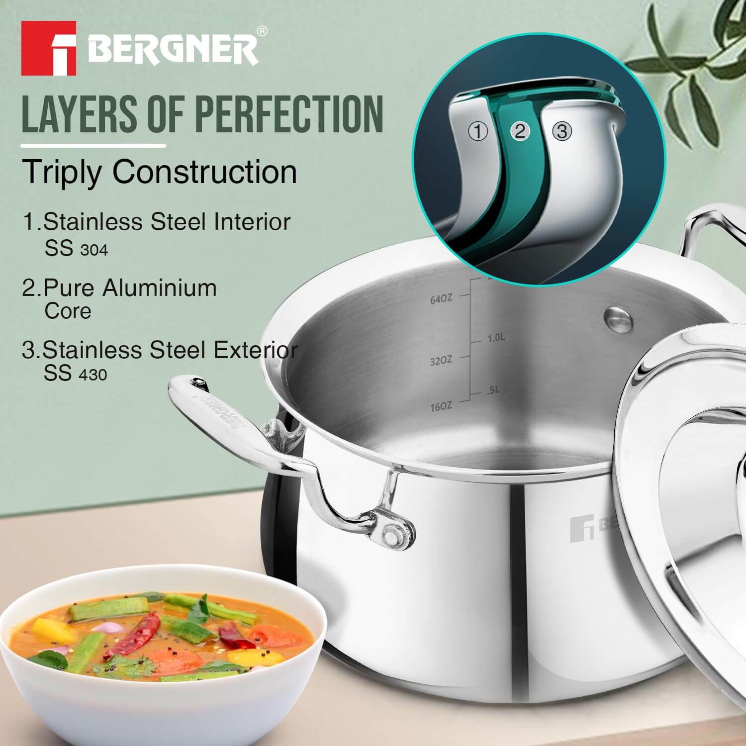 Bergner Argent Samsara triply stainless steel handi with lid, perfect for biryani and slow-cooked dishes.