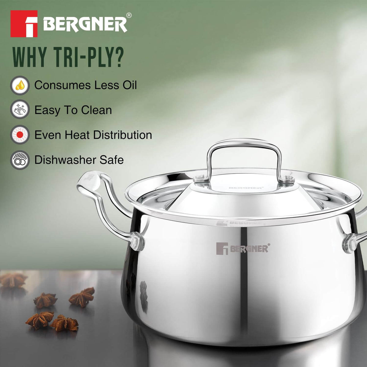 Bergner Triply Biryani Handi showcasing benefits: consumes less oil, easy to clean, even heat distribution, and dishwasher safe.