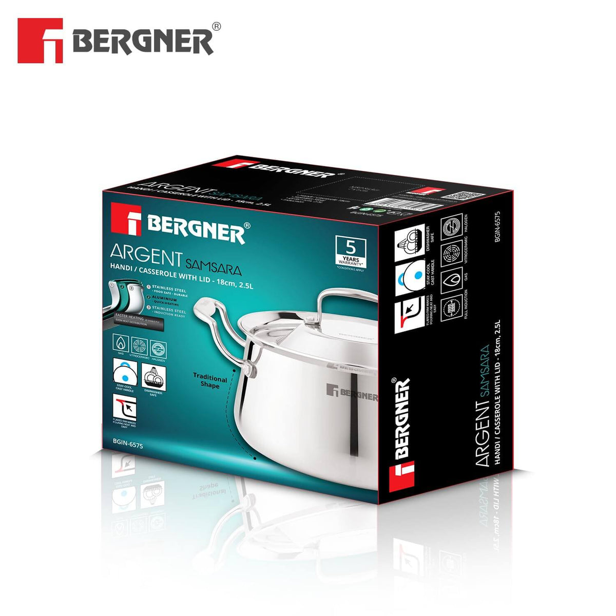 Bergner Argent Samsara Triply Stainless Steel Biryani Handi with Lid, 2.5L induction compatible cookware packaging.