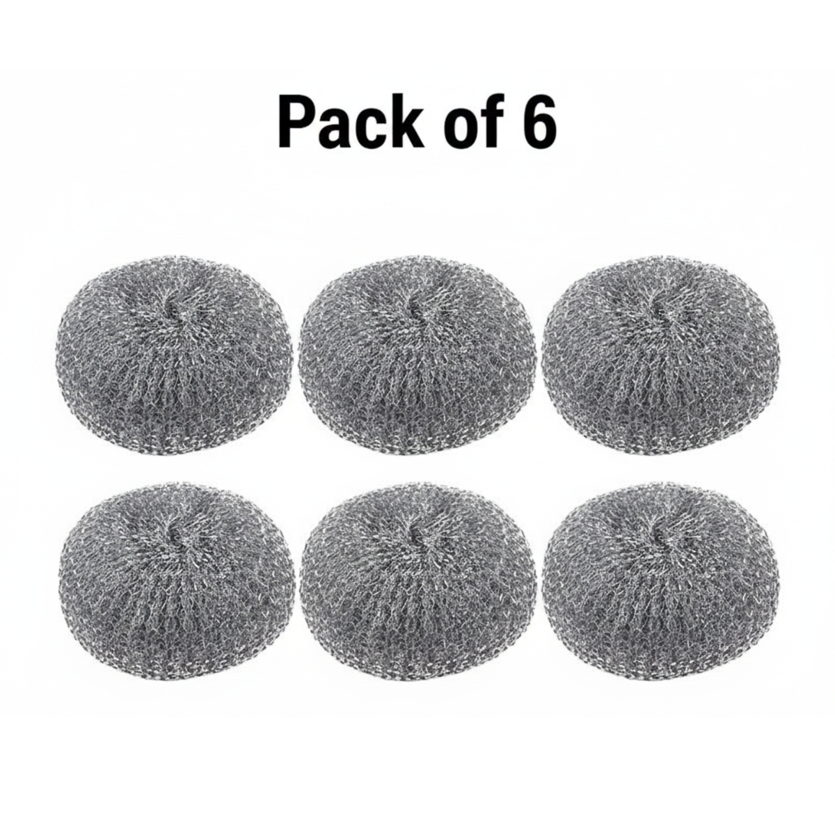 Pack of 6 metallic scrubber pads on a white background