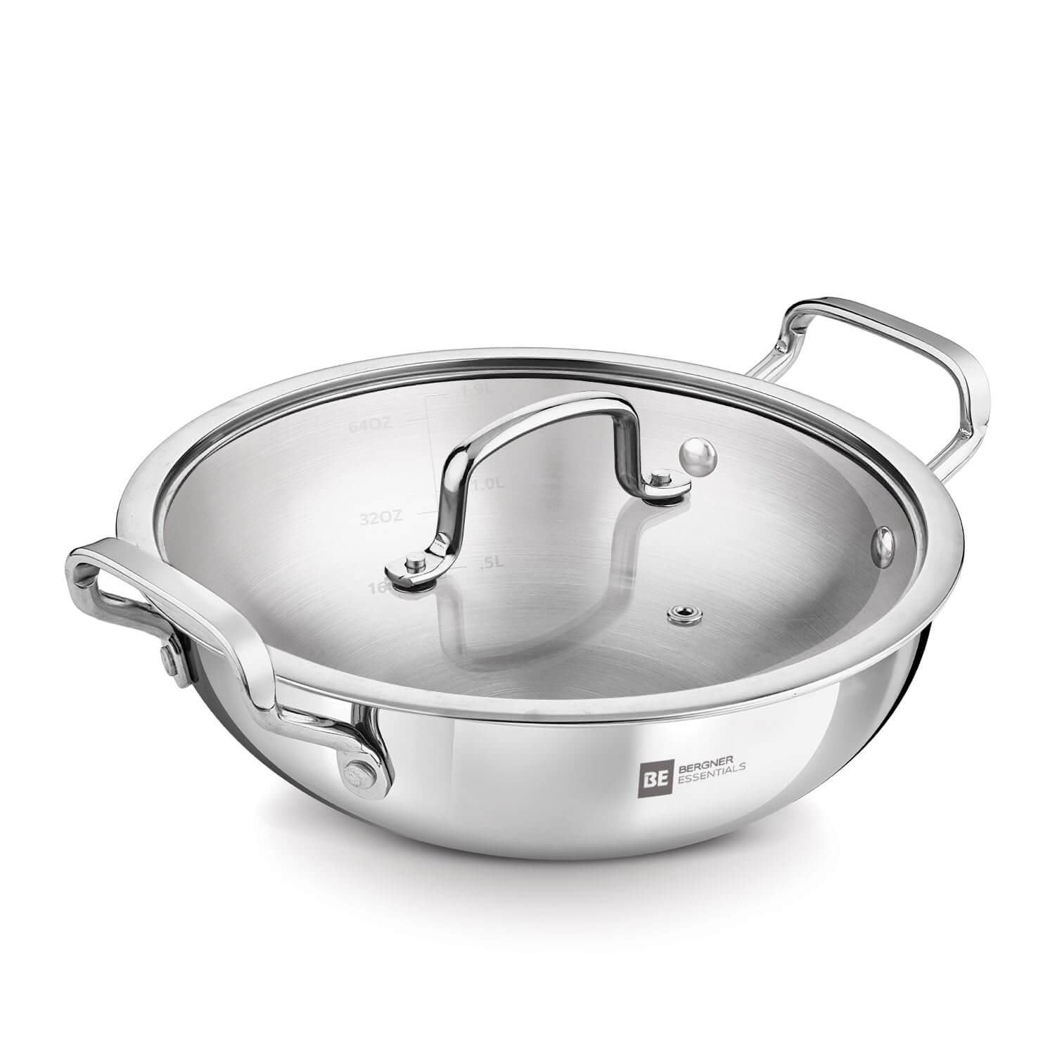 Bergner BE Essentials Tri-Ply Stainless Steel Kadai with glass lid, perfect for healthy cooking and induction compatible.