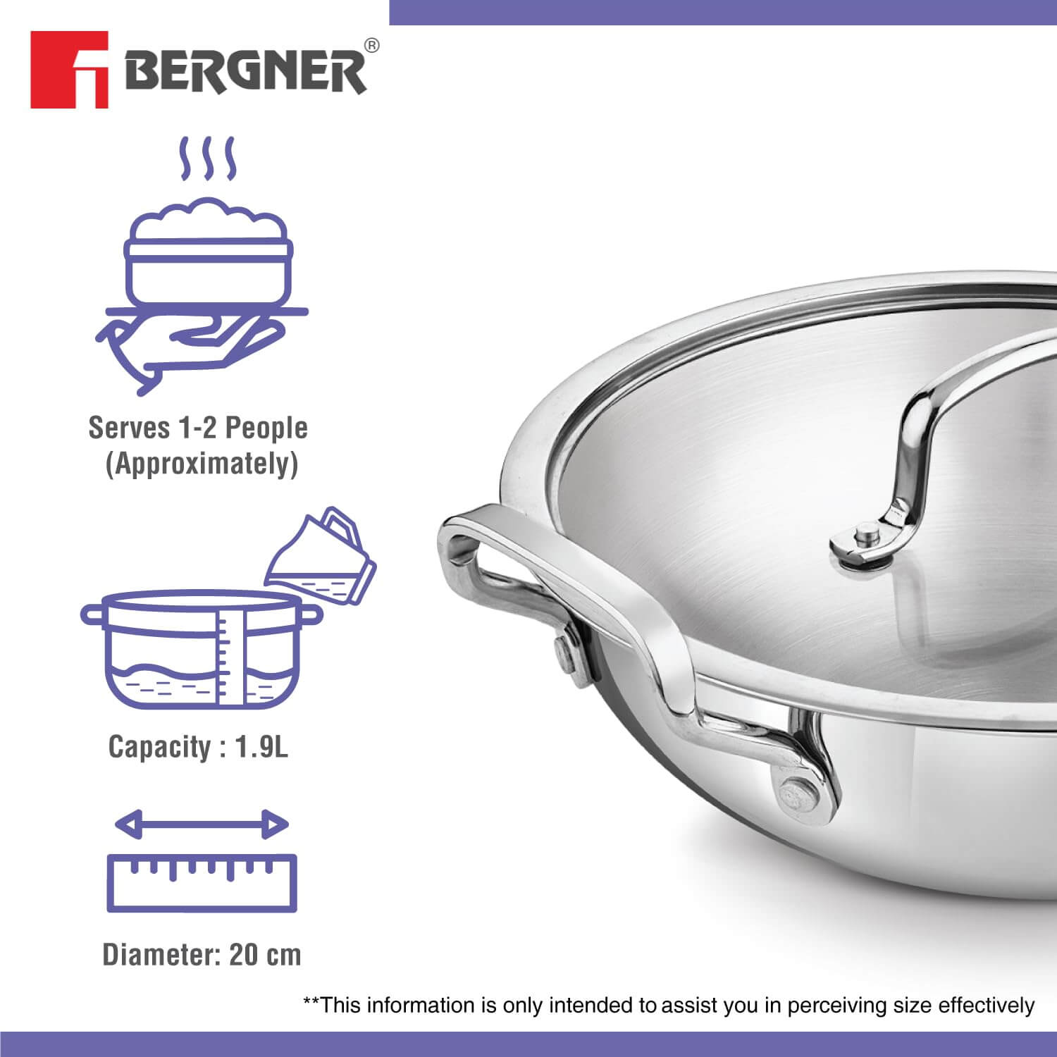 Bergner BE Essentials Tri-Ply Kadai with glass lid, serving 1-2 people, 1.9L capacity, 20cm diameter.