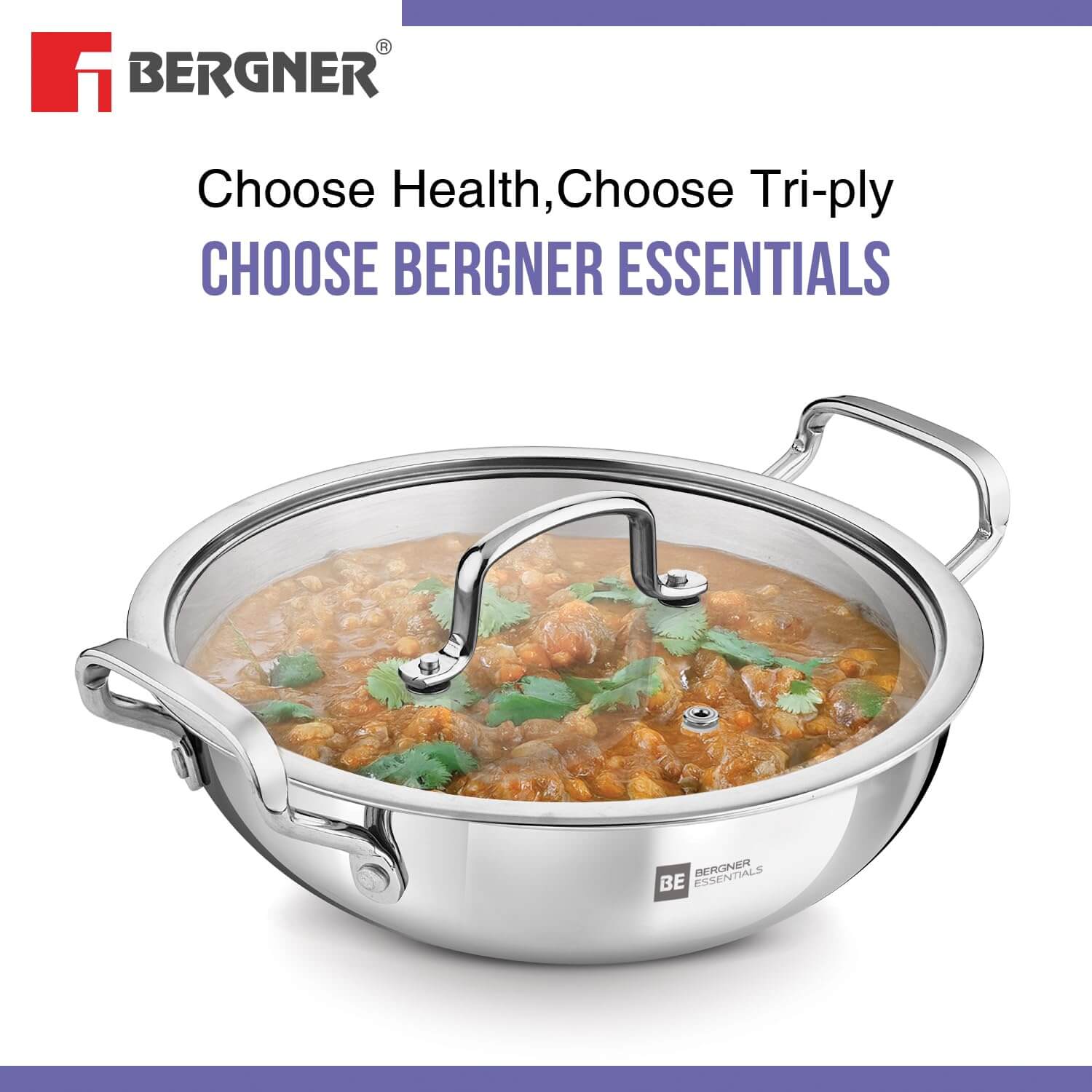 Bergner BE Essentials tri-ply stainless steel kadai with glass lid, ideal for healthy cooking and induction compatible.