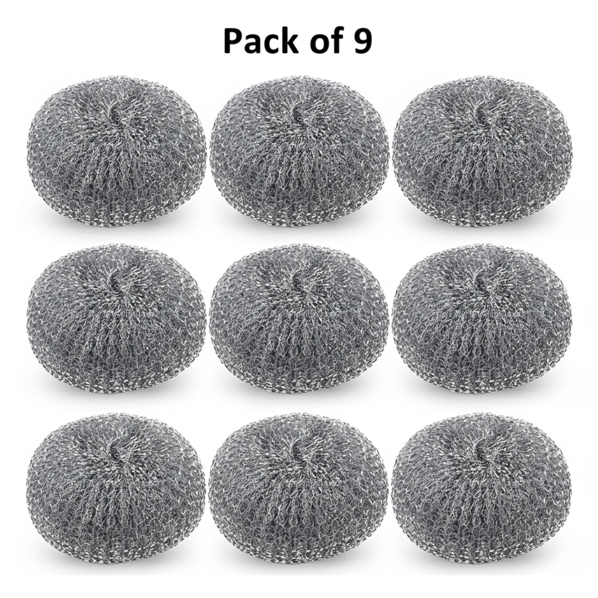 Pack of 9 gray scrubber pads on a white background