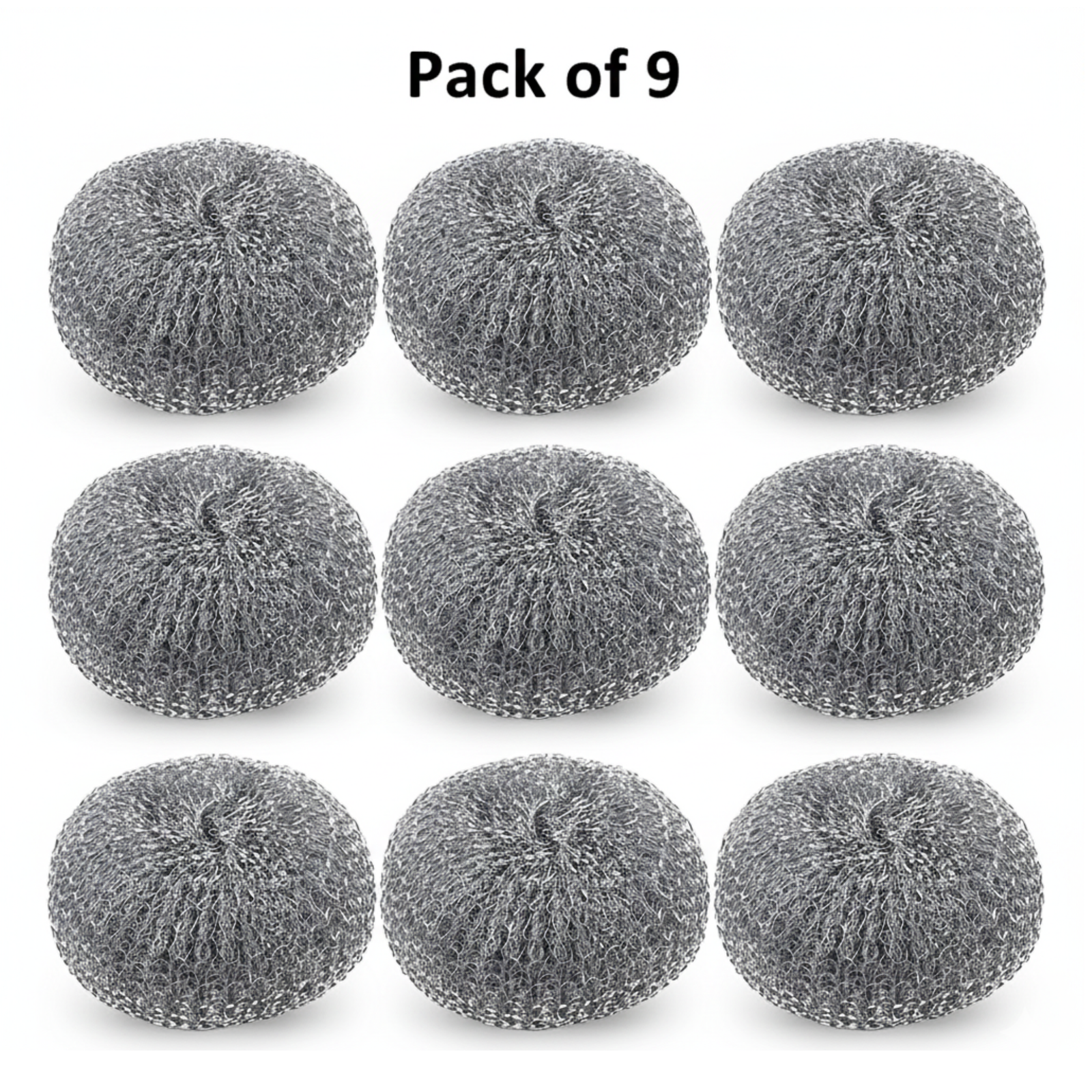 Pack of 9 gray scrubber pads on a white background