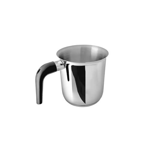 Embassy stainless steel milk warmer with black ergonomic handle on white background