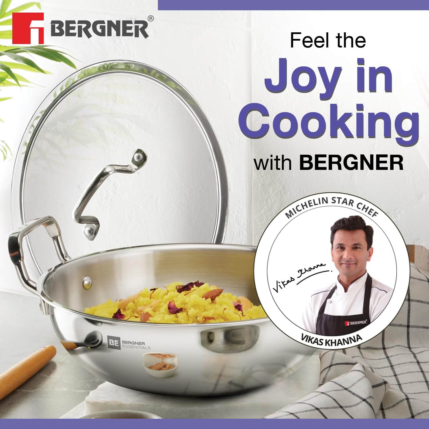 Bergner BE Essentials Tri-Ply Kadai with Glass Lid, perfect for healthy cooking and induction compatible.