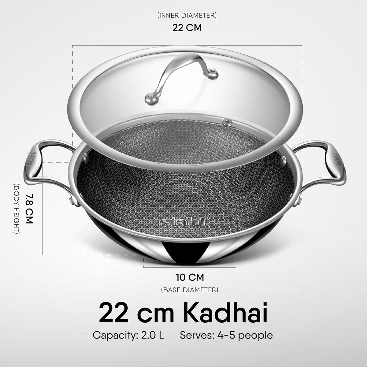 Stahl Triply Stainless Steel Artisan Hybrid Kadhai with Lid (Non-Stick)