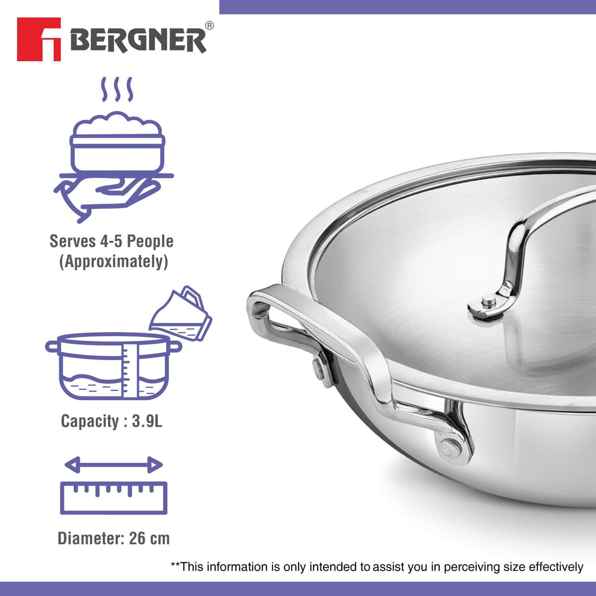 Bergner BE Essentials Tri-Ply Stainless Steel Kadai with Glass Lid | Induction Compatible | 5-Year Warranty