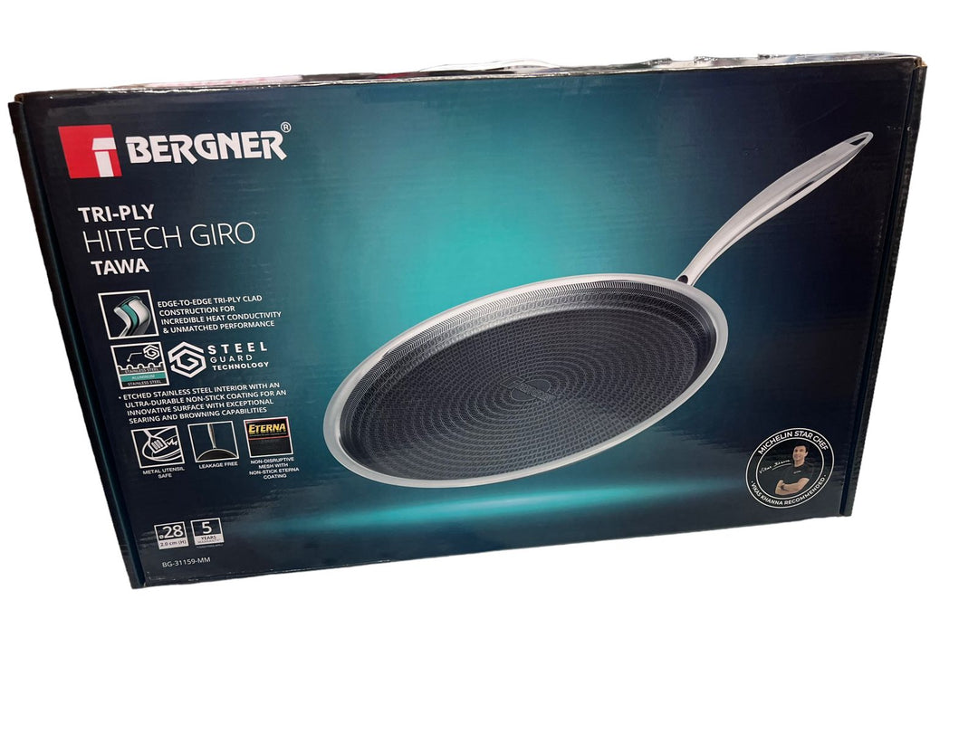 Bergner Hitech Triply Stainless Steel Scratch Resistant Non Stick Tawa/Dosa  Tawa, 28 cm, Induction Base, Food Safe (PFOA Free), 5 Years Warranty,  Silver