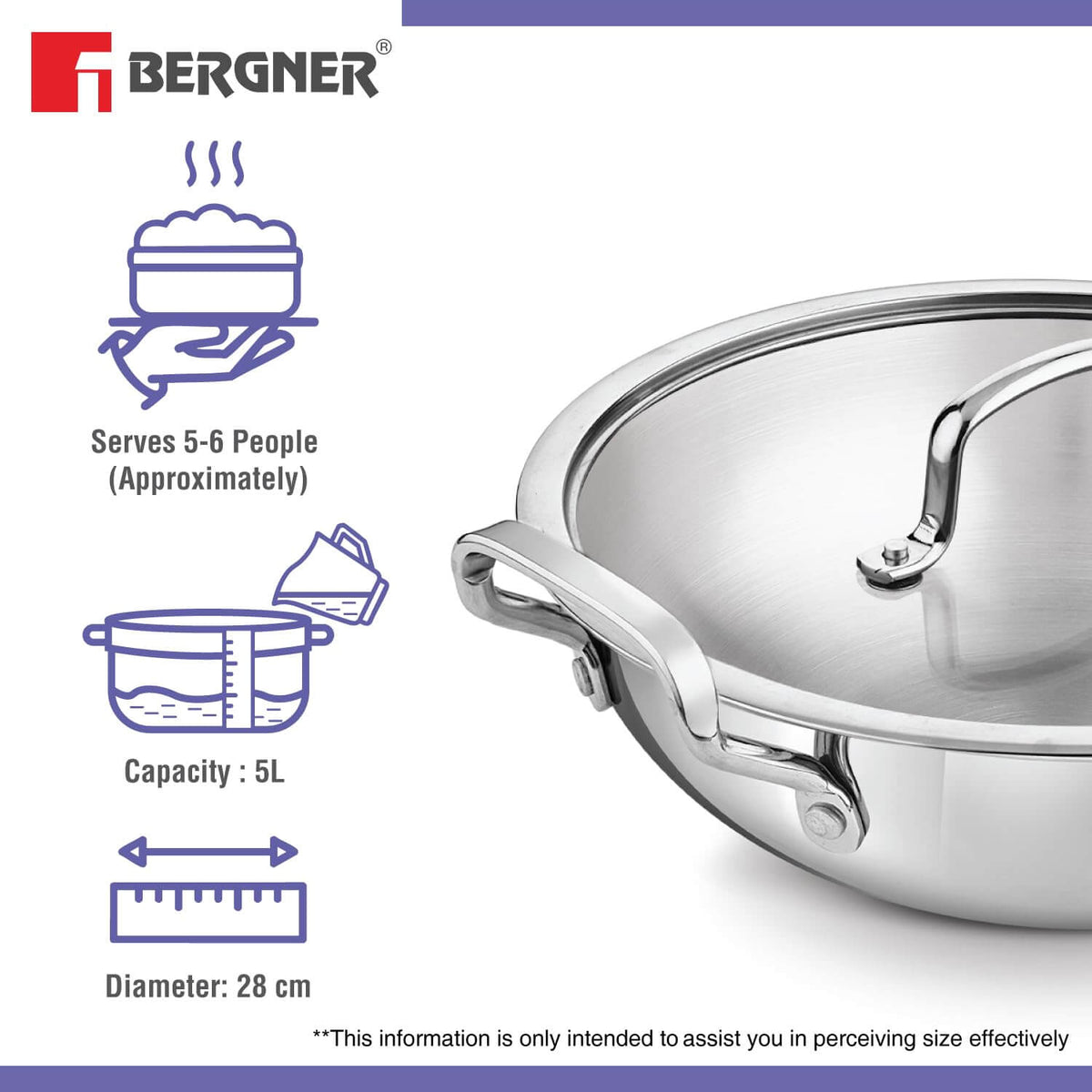 Bergner BE Essentials Tri-Ply Stainless Steel Kadai with Glass Lid | Induction Compatible | 5-Year Warranty