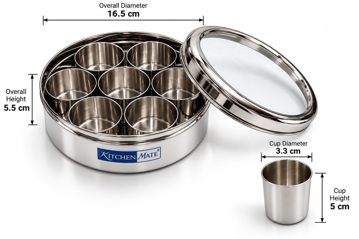 Kitchen Mart Chutki Mini Masala Box – Stainless Steel Spice Box with 7 Cups & See-Through Lid, 16.5 cm