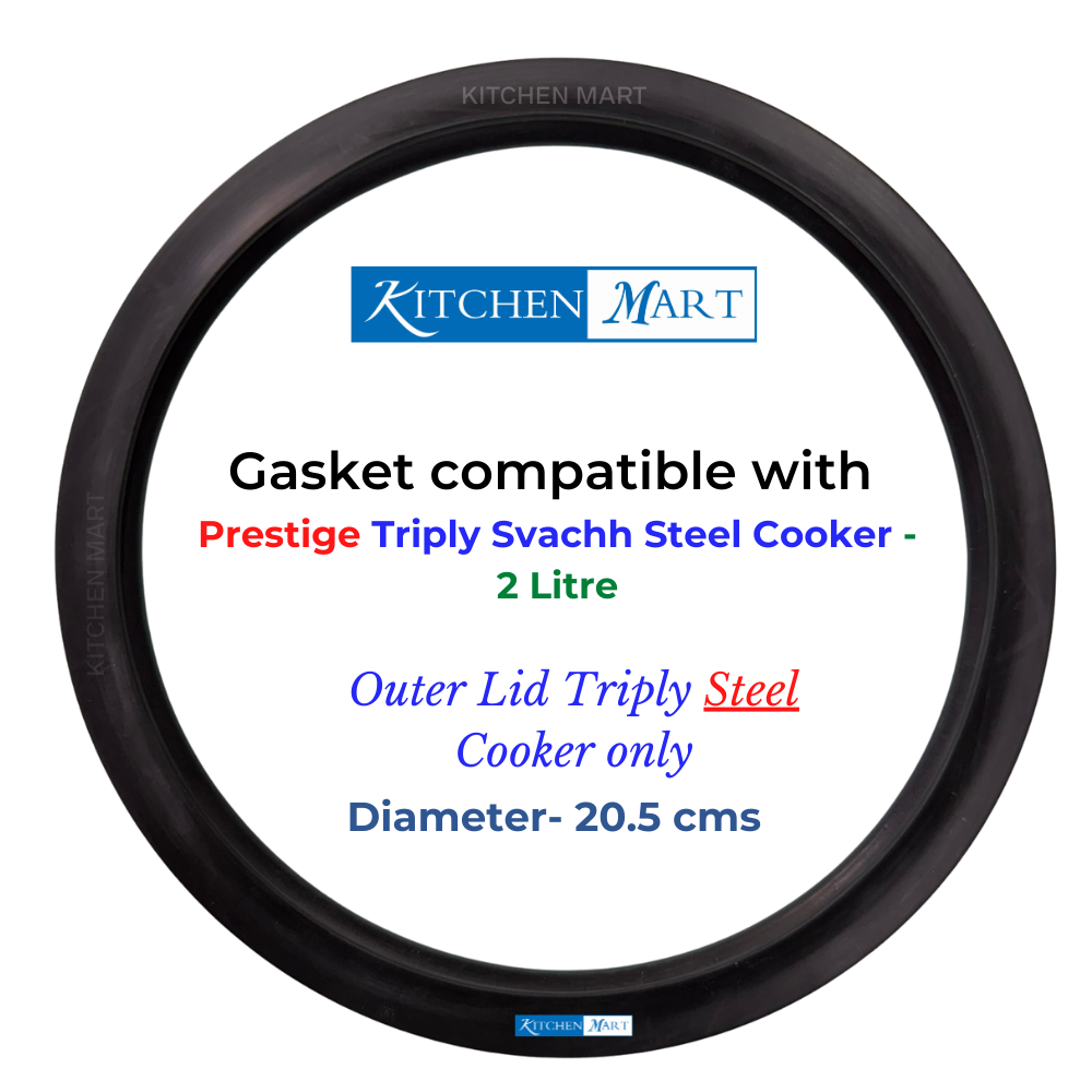Black gasket compatible with Prestige Triply Svachh Steel Cooker 2 Litre, featuring Kitchen Mart branding.