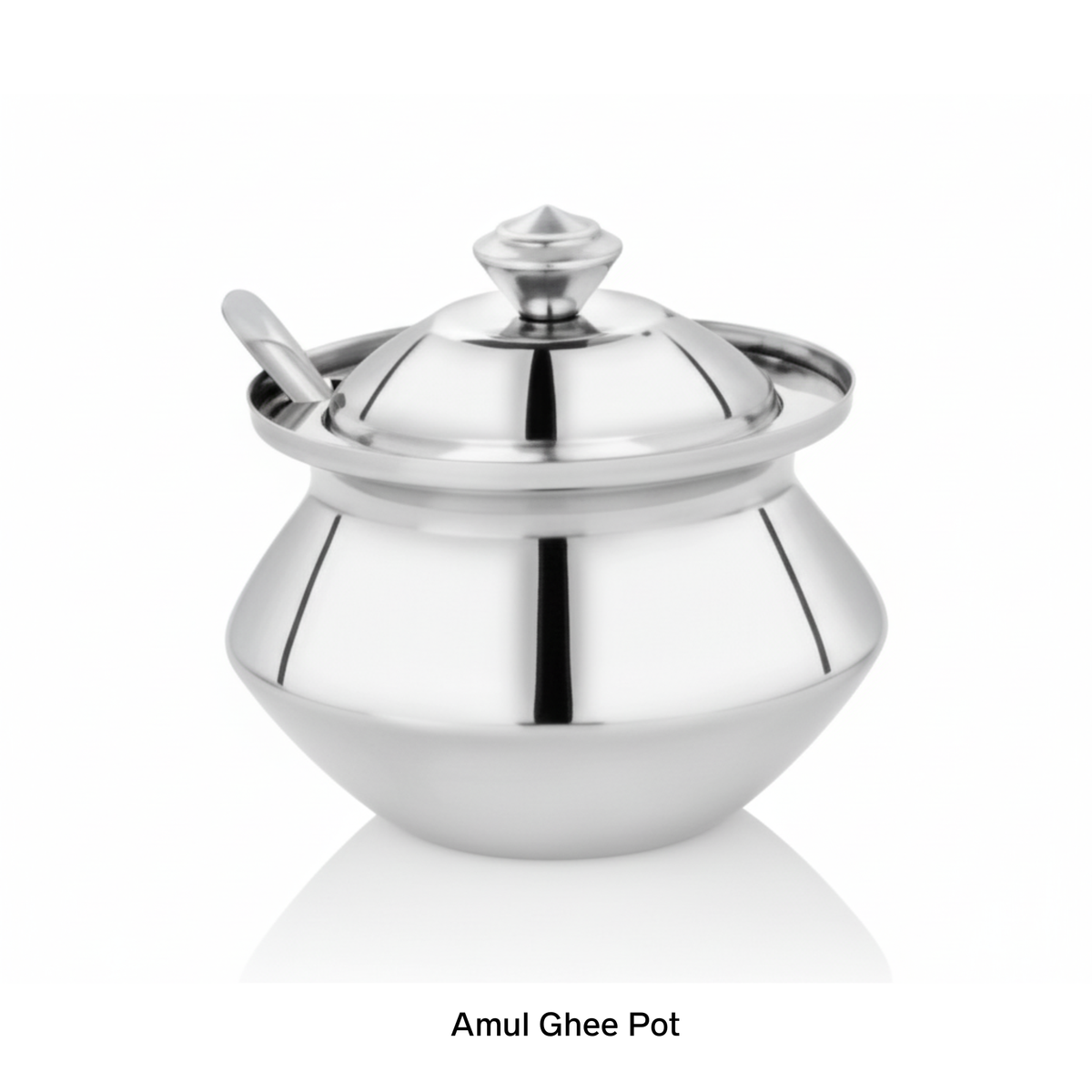 Silver ghee pot with a lid on a white background, featuring the brand 'Amul'.
