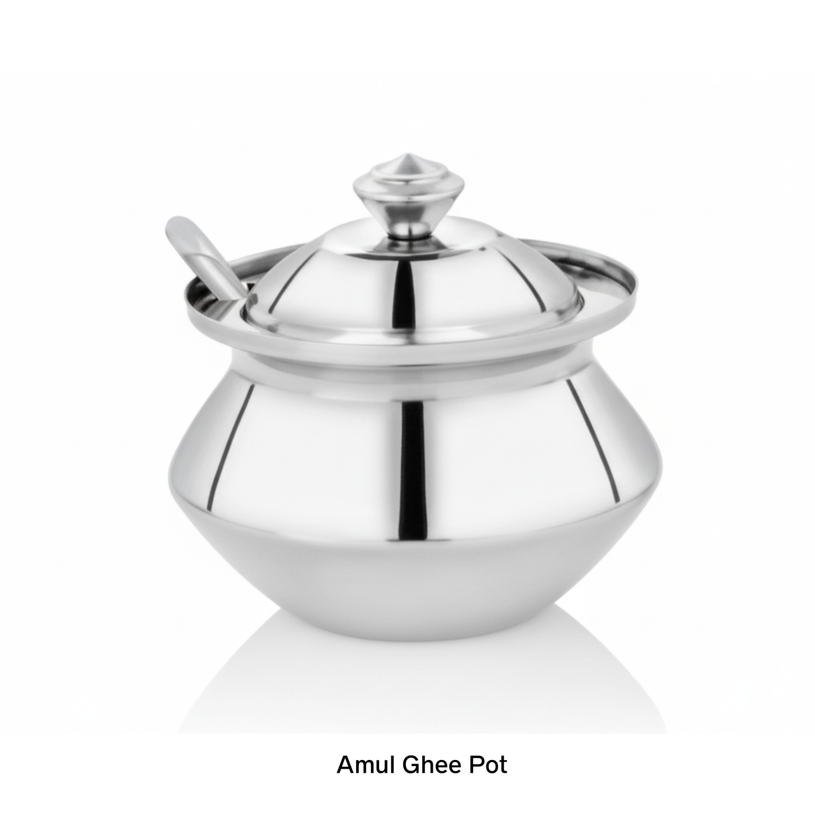 Amul stainless steel ghee pot with spoon and lid front view